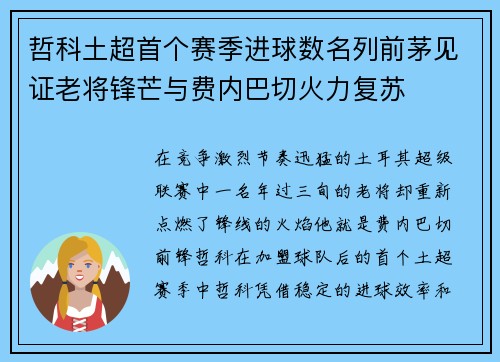 哲科土超首个赛季进球数名列前茅见证老将锋芒与费内巴切火力复苏